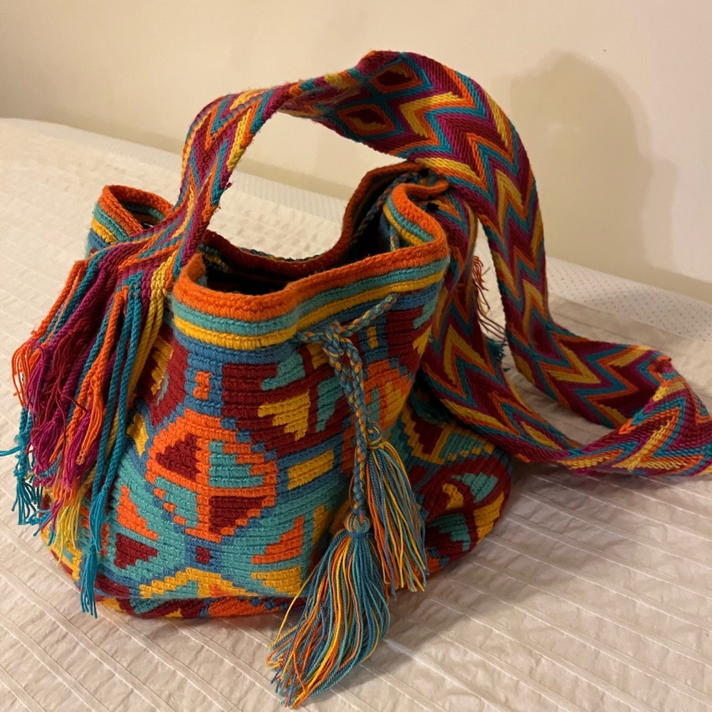 Geometric Patterned Shoulder Bag - Black, Orange,… - image 4